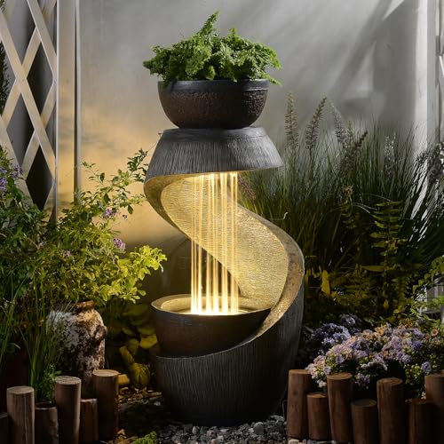 Bumilgar Garden Water Features with LED Lights, 82CM Modern Resin Waterfall Fountain Outdoor, S-Shaped Garden Water Feature for Yard, Balcony, Home Decor, Patio Fountains and Waterfalls, Grey