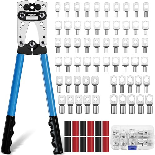 Koolcover Battery Cable Crimping Tool Kit, Heavy Duty Wire Crimping Tool with 60 PCS Copper Ring Terminals, Tubular Cable Lug Pliers for Battery Cables 6/10/16/25/35/50 mm² (HX50B Crimper+terminals)