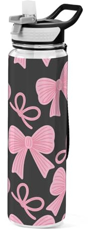 Mnsruu Pink Bow Black Water Bottle Drinking Bottle with Straw 1L Leakproof BPA Free Tritan Clear for Kids Boys Girls Women School Travel Sport