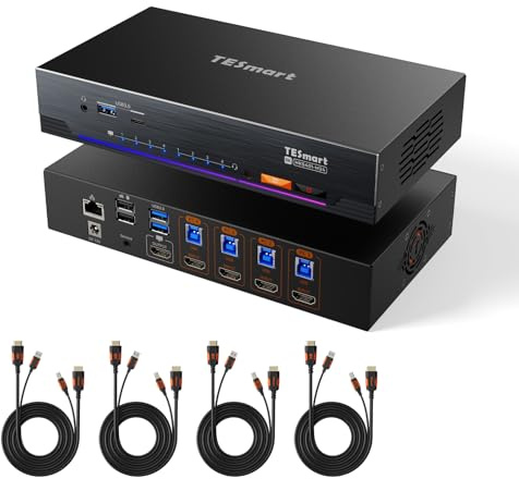 TESmart 8K@60Hz HDMI KVM Switch 4 Computers 1 Monitor,4 Port KVM for Gaming | 4K@144Hz | USB 3.0 | 1G Ethernet | EDID Emulators | Hotkey Switch | ADI Chip, Audio & Microphone with All Input Cables
