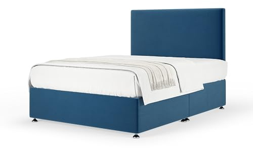Bedmaster Plush Velvet Divan Base With Storage And Plain Headboard - Colour And Size Options (Blue No Drawer, Small Double)