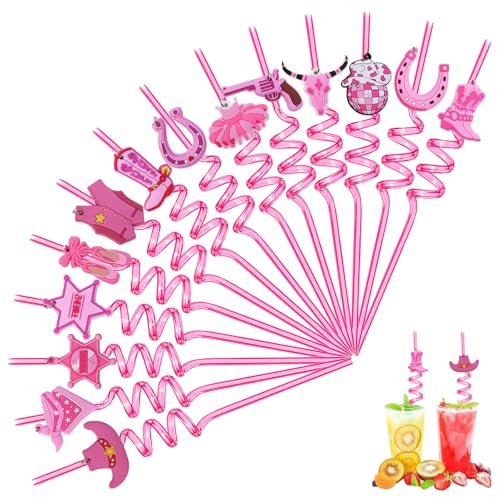14Pcs Pink Cowgirl Reusable Hard Party Straws, Western Cowboy Theme Drink Decorations with Adjustable Charms for Bachelorette Birthday Hen Party Decor