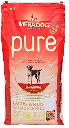 MERADOG PURE Adult Trockenfutter I Hundefutter ohne glutenhaltige Zutaten für sensible Hunde mit Lachs und Reis I 12,5 Kg