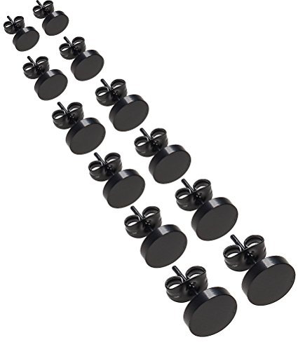 kuou 6 Pairs Black Earrings, 3-8mm Stainless Steel Mens Earrings Round Studs Earrings for Men Women