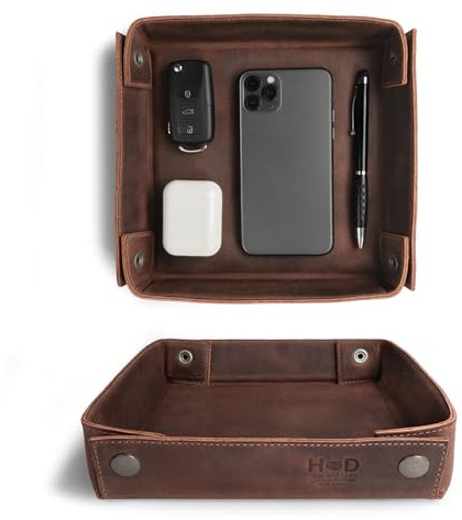 Hide & Drink, Leather Catchall Tray, Easy Access Organizer for Keys, Coins, Change, Jewelry, Watches, Smartphones, Durable, Vintage Style, Handmade :: Bourbon Brown
