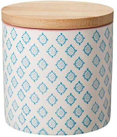 Bloomingville Dose Patrizia Aufbewahrung Behälter Topf Pott luftdicht Ø 10 x H 10 cm, blau, Keramik, Bambus, fasst ca. 400 ml