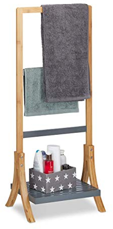 Relaxdays Handtuchhalter Bambus, mit Ablage & 3 Handtuchstangen, freistehender Handtuchständer, 103x41x28cm, Natur/grau, MDF, 10024982, Handtuchhalter Bambus + MDF grau