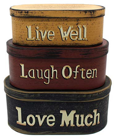 CVHOMEDECO. Primitives Vintage Oval “Live Well, Laugh Often, Love Much” Cardboard Nesting Boxes, Large 9-3/4 x 5-1/2 x 4 Inch, Set of 3.