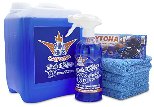 Shinykings BIKE | Nano-Tech | Wasserloser Motorrad-Reiniger und Insektenentferner | Hochglanz Schnellreiniger | Kratzfreie Trockenwäsche | Shampoo | Trockenreiniger | 5L + 0,5L Spray + 4 Tücher