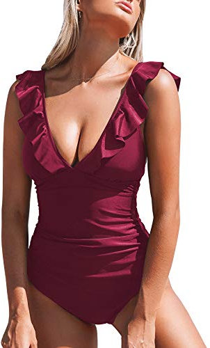 CUPSHE Damen Einteiler Badeanzug Rüschen V Ausschnitt Monokinis Bauchweg Einteiliger Bademode Swimsuit Weinrot L