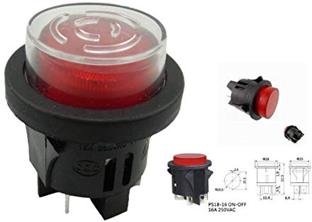 Druckschalter mit Wasserdichte Abdeckung Einbau ø 25mm 250V 16A rot beleuchtet, Flachstecker 6,3mm (1)