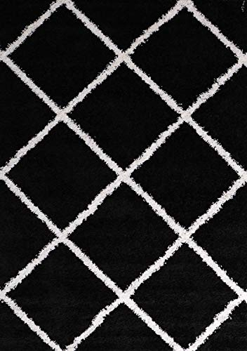 Hochflor Teppich Wohnzimmer Shaggy weich modern Rauten Muster Grau Anthrazit Creme Schwarz Rot Lila Beige, Farbe:Schwarz, Maße:120x170 cm