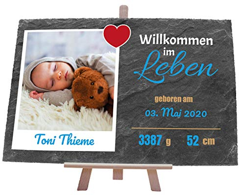 wandmotiv24 Schieferplatte mit eigenem Foto zur Geburt, 30 x 20 cm, inklusive Staffelei, Babyfoto, Geschenk zur Taufe, Geburtsdaten, Kinder, Babyparty, Baby-Love, Willkommen mit Herz, Junge M0399