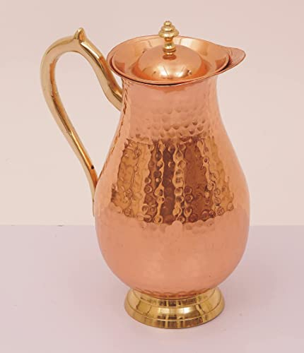 Reiner Kupferkrug mit Deckel für Ayurveda Gesundheit Nutzen & Heilung Massiver Kupfer Handgefertigter Hammerkrug zum Servieren von Speicherwasser Kapazität Kupfer Wasserkrug Kupferkaraffe für Zuhause
