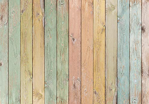 wandmotiv24 Fototapete Holz Wand pastell, XXL 400 x 280 cm - 8 Teile, Wanddeko, Wandbild, Wandtapete, Brett rosa orange gelb blau M6558