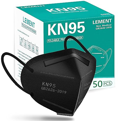 LEMENT 50pcs KN95 Face Mask Black 5 Layer Cup Dust Safety Masks Filter Efficiency≥95% Breathable Elastic Ear Loops Black Masks