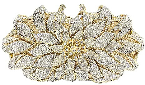 Boutique De FGG Elegante pochette da sera a forma di fiore per donne per feste di nozze borsa e borse con cristalli, Oro e argento, Small