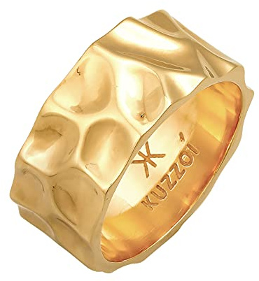 Kuzzoi Herrenring Hammerschlag Bandring massiv (10 mm) 925 Silber | Silberring geschmiedet vergoldet Goldener Ring für Männer Ringgröße 60 - 66