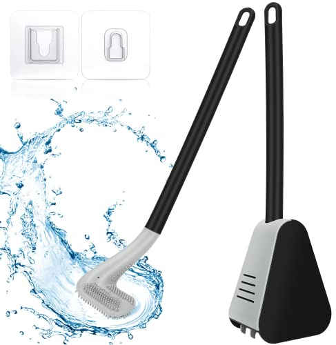 Escobilla de baño de golf, cabezal de silicona de mango largo, montaje en pared, soporte para escobilla de inodoro con soporte de cierre automático, sin cepillo de limpieza de esquinas muertas