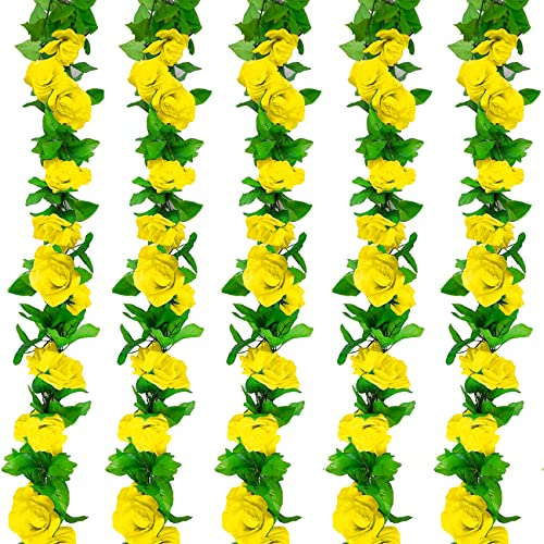 Huryfox Guirlandes de Fleurs Artificielles - 5 brins 230 cm Longueur Fleurs Vigne pour décorations, Arche de Roses Jaune avec Un Design réaliste pour Les Mariages intérieurs/extérieurs, Les fêtes