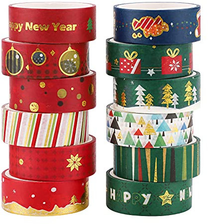 Nastro Adesivo Washi Natalizio,12 Rotoli Nastro Adesivo Washi in Lamina D'oro Nastro Adesivo Decorativo Autoadesivo Nastro Washi Natalizio per Decorazioni Natalizie Confezioni Regalo,15 mm x 3 m