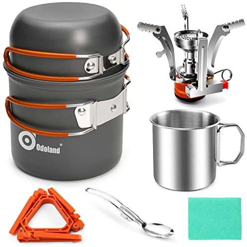 Odoland Camping Cookware Mess Kit, Camping Pot and Pan Set with Mini Backpacking Stove, Stainless Steel Cup, Spork and Tank Bracket, Cooking Gear for Outdoor, Hiking, Picnic, Campfire Orange