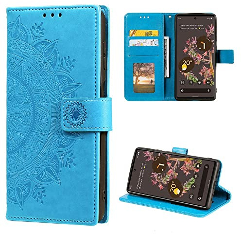 CoverKingz Handy Cover kompatibel mit Google Pixel 6 - Handyschutz mit Kartenfach Klapphülle - Bookcase Hülle aufklappbar Motiv Mandala Blau