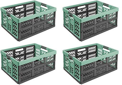 4X Stabile Profi Klappbox 45L - 54 x 37 x 28 cm - Einkaufskiste klappbar mit Soft-Griffe - Transportkiste stapelbar, Grün/Graphit