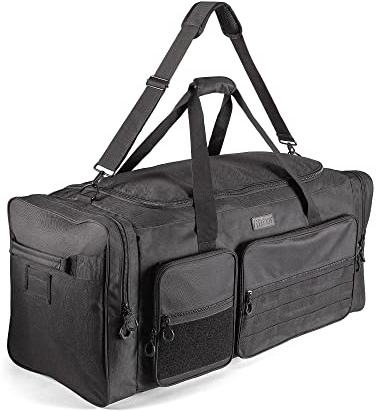 Fitdom Strapazierfähige Reisetasche mit verstellbarem Schultergurt und 7 Fächern, 130 l, extra groß, ideal für Fußball, Baseball, Basketball, Hockey, Fußball, Teamtrainer und mehr, Schwarz, Taktisch