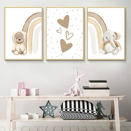 Sarah Duke Poster Kinderzimmer, 3er Set Regenbogen Tiere Beige Bilder Wandposter, Ohne Rahmen Wandbilder Deko, Leinwandposter Geschenk für Junge und Mädchen (30 x 40 cm)