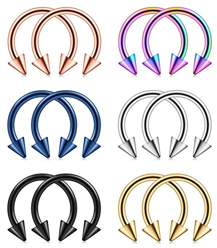 Longbeauty 12 Pcs 14G Edelstahl Nasenringe mit Spikes Hufeisen Piercing Ringe Septum Helix Tragus Ohr Piercing Augenbraue Lippe 10mm Innendurchmesser