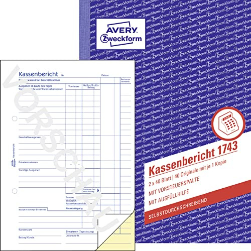 AVERY Zweckform 1743 Kassenbericht (A5, 2x40 Blatt, selbstdurchschreibend, retrograde Ermittlung der Tageseinnahmen, von Rechtsexperten geprüft, für DE/AT, zur ordnungsgemäßen Buchführung) weiß/gelb