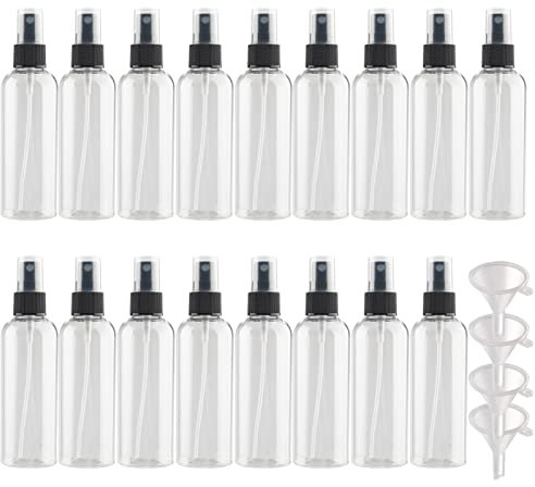 PQPAUTY 50 Piezas Pequeño 100ml Botella de Spray Plástico PET Vacías Transparentes con Bomba en Spray Negro, Niebla Atomizador para Perfume Viaje Artículos de Agua Cosmético,5 Pieza Embudo