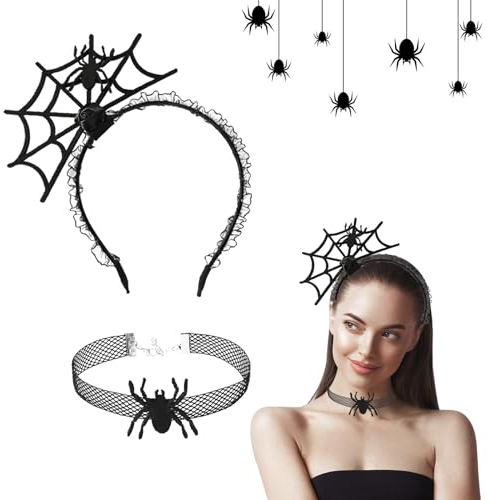 IWTBNOA Halloween Spinnen Netz Haarreifen, Halloween Haarreifen, Spinne Haarreif mit Halsketten, Halloween Spinne Haarband, Halloween Kostüm Accessoire für Frauen Halloween Fasching Party Cosplay