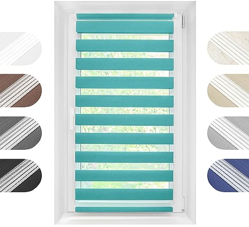 Birrke Doppelrollo Ohne Bohren/Mit Bohren 2in1 95 x 230 cm - Tag und Nacht Duo Rollo für Sonnenschutz und Sichtschutz - Doppel Rollo - Einfache Montage Türkis