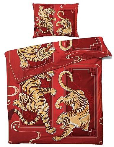 MOBEITI Chinesische Tiger Bettwäsche 140x200, China Style Wendebettwäsche, Weiche Kuschelige Mikrofaser Bettbezug Set 2teilig, 1 Kissenbezug 70x90, mit Reißverschluss - Asiatische Motive 04
