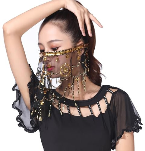 ZLTdream Fashional Bauchtanz Gesichtsschleier mit Perlen Pailletten für Outfit Halloween Kostüm Zubehör Schwarz