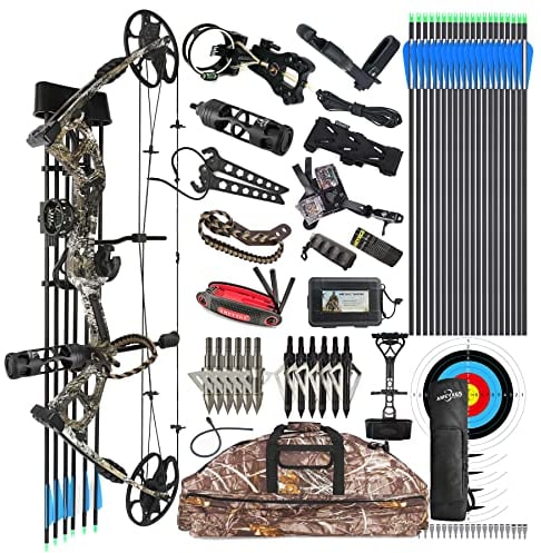 surwolf Compound Bogen Kit,Jagd und Targeting,Wurfarm Made in USA,Zuggewicht 0-70lbs einstellbar,Zuglänge 9-31,bis zu IBO 325FPS Geschwindigkeit,Paket mit Bogenschießen Jagdzubehör (Tarnfarbe)