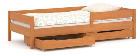 WNM Group Kinder Einzelbett Miki mit Schubladen, 4 Farben, viele verschiedenen Größen, Massivholz & Holz-Platte, 180x80, Teak