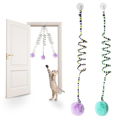 Andiker Cat Spring Toy, Self-Play Stretchable Door Hanging Cat Toy with Bell for Indoor Interactive Cat Toy, Soft Plush Ball with Spring Kitten toy for Cat Kitten Playing (Green+Purple)