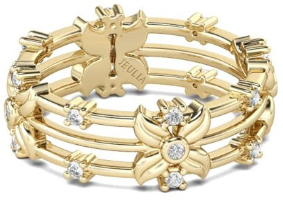 Jeulia Sterling Silber Damenring Breiter Verlobungsring Ewigkeitsringe Eheringe mit goldfarbenem Blumenmuster mit Schmuckschatulle Eternity Ring für Frauen Mädchen (Gelbes Gold, 68(21.8))