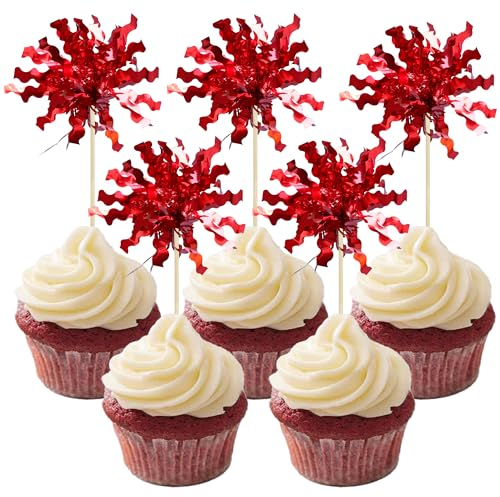 Gyufise 20Pcs Foil Firework Cupcake Toppers Sparkle Tinsel Cake Toppers Tinsel Drink Cake Decoration Cocktail Picks for Birthday Wedding Graduation Party Supplies Red