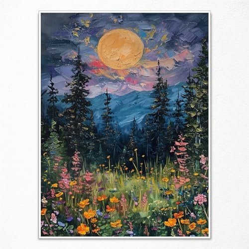 Anslipswar Vintage Full Moon Above The Wildflowers Canvas Wall Art, Mystical Midnight Woodland Art Print Poster, Retro Flowers and Trees Nature Oil Painting, Dark Forest Landscape 12x16in Unframed