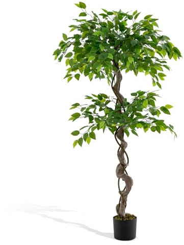 GIANTEX 150 cm Kunstbaum Kunstpflanze, Künstliche Pflanze Ficus Benjamin, Zimmerpflanze Deko im Zementtopf, Dekopflanze Grünpflanze mit natürlichem Holzstamm & Blättern,Kunstbaum Innendekoration