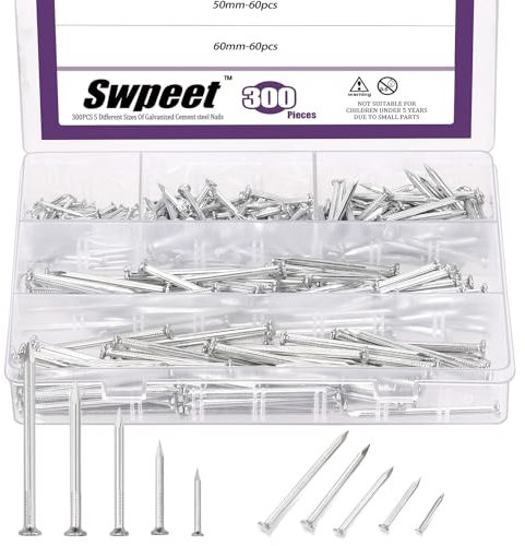 Swpeet 300Pcs 5 Größen 3/4 1-1/4 1-3/5 2 2-3/8 Hardware Nagel Sortiment Kit, Stahl Nagel, galvanisierte Nägel, kleine Nägel, Finishing Nägel, Wandnägel, Holznägel, Nägel für Beton Ziegel
