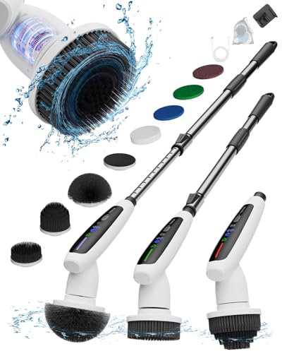 TECFUN Electric Spin Scrubber, 2024 New Full-Body IPX7 Waterproof Bathroom Cleaner Brush, Shower Scrubber with Extendable Handle & 2 Speed, Interactive LED, Cleaning Supplies for Tub,Tile,Floor-White