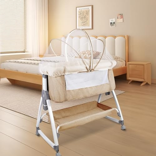 3 in 1 Beistellbett, 6-stufig Höhenverstellbar Reisebett mit Matratze & Rollen, Stubenwagen Baby ab Geburt bis 25 kg, 20° Neigung Babybett, schnelle Montage-80*40*100-115cm – gebrochenes Weiß