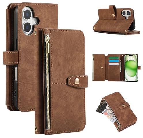 UEEBAI Hülle für iPhone 16 Plus, Leder Klapphülle, Retro Braun | 9 Kartenfäche Lederhülle mit Umhängegurt Handschlaufe Ständer Reißverschluss Handyhülle Magnetverschluss Wallet Flip Case