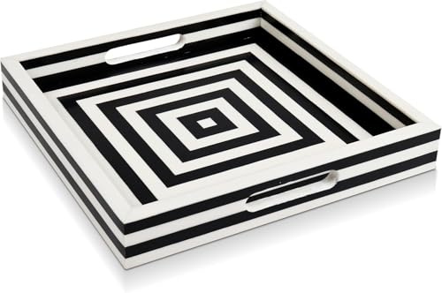 Spiritual Gifts Wooden Serving Tray Black & White Square Bone Inlay 12x12 Inch Serving Tray With Handles For Coffee Table, kitchen, Home Bar Modern Concentric Geometric Design For Candles, & More