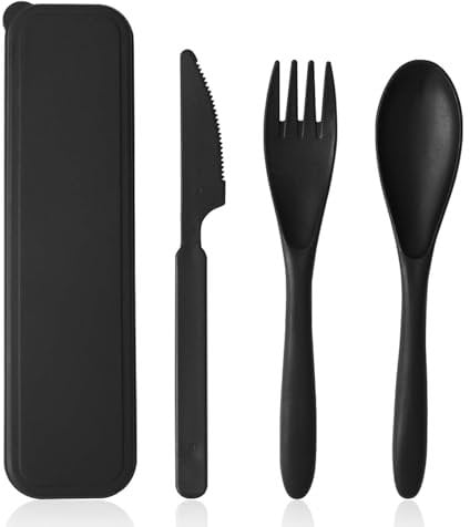 1 Stück Besteck Set, Reisebesteck mit Etui, Wiederverwendbares Plastikbesteck, Plastik Löffel Messer und Gabel Set, Tragbares Besteckset für Unterwegs Camping Outdoor Picknick